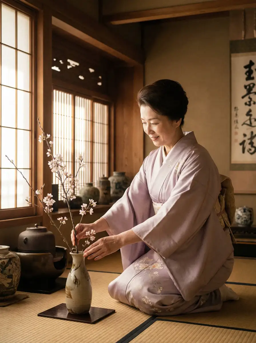 一位优雅的 今日吃瓜 在和室中插花